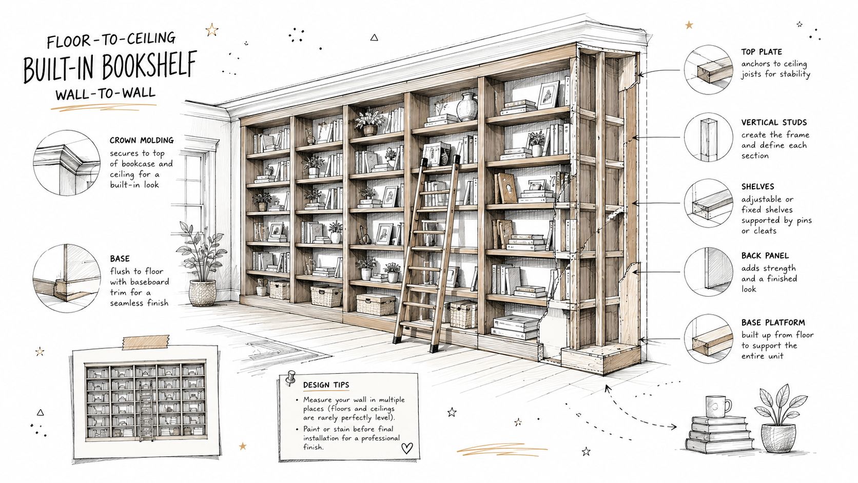 Illustration af en gulv-til-loft indbygget bogreol med detaljerede beskrivelser af konstruktionskomponenter og designtips til montering.