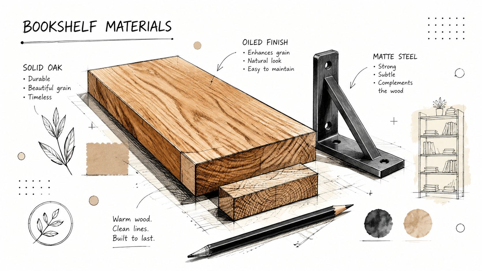 En detaljeret illustration af materialer til en indbygget bogreol, inklusive massivt egetræ, oliebehandling og sorte stålkonsoller.