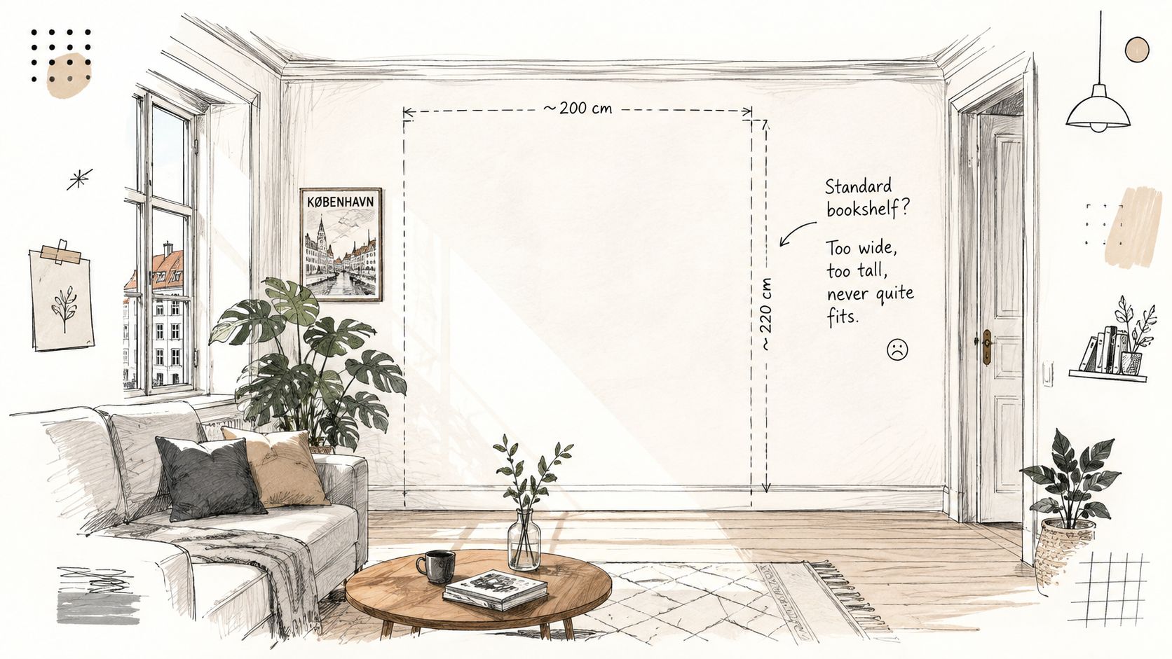 Illustration af en stue med målene for en væg, der skal bruges til en indbygget bogreol løsning.