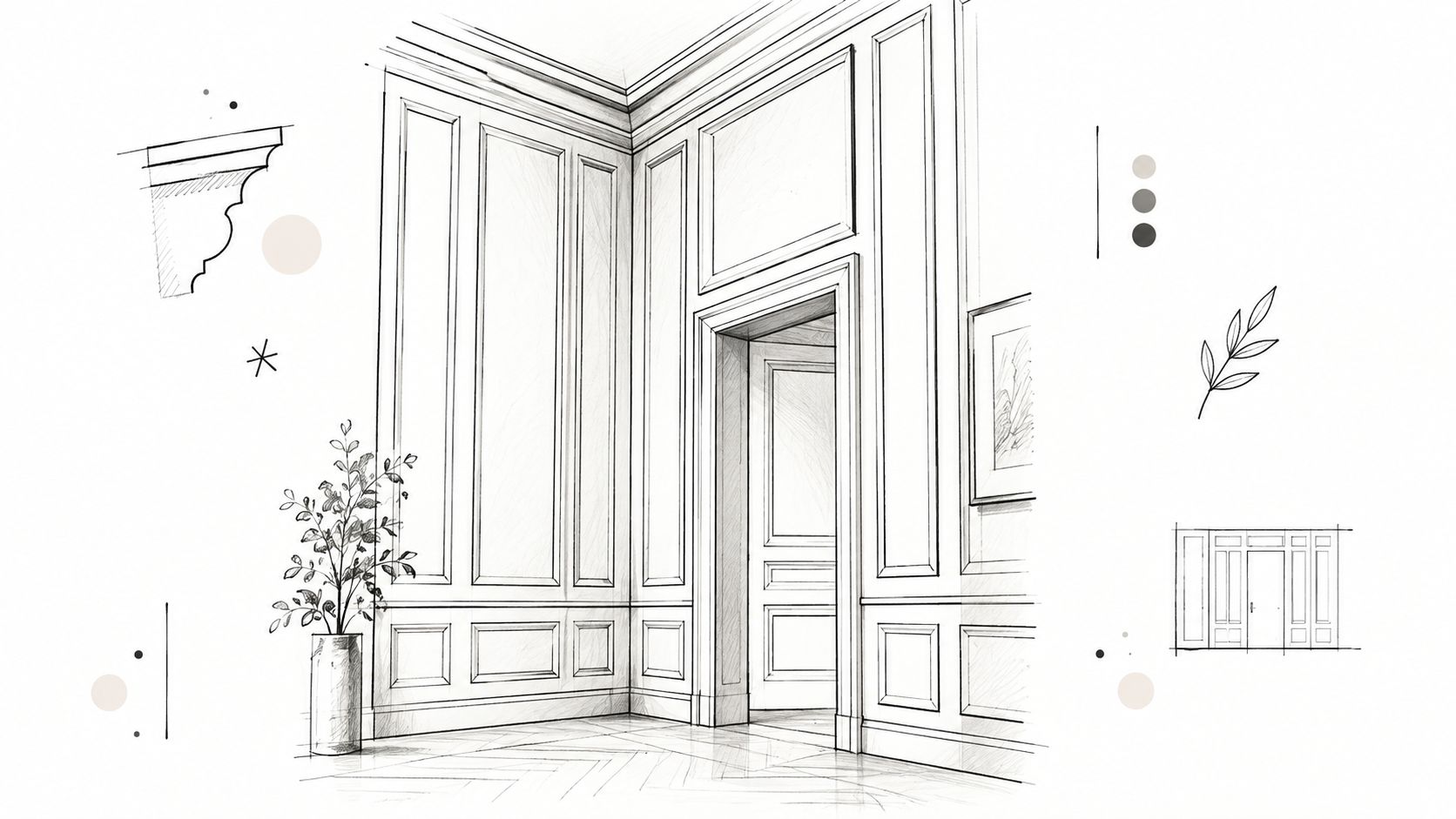 En arkitektonisk skitse af en elegant stue med klassiske paneler, døråbning og en stilfuld potteplante i hjørnet.