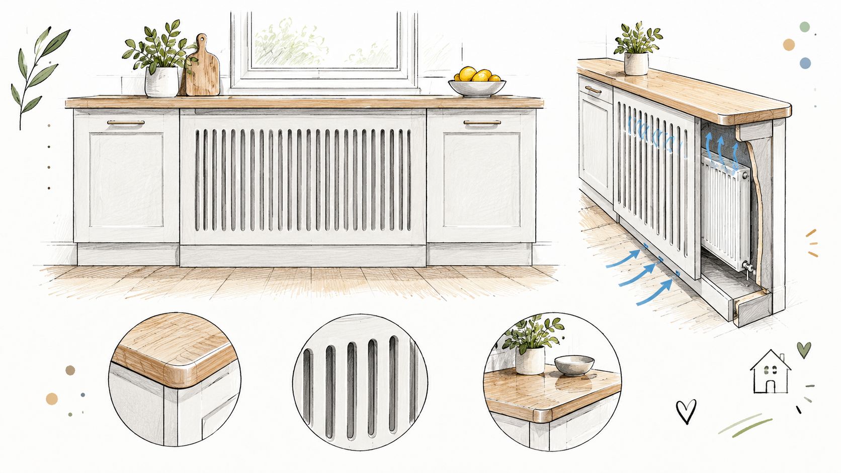 Illustration af et klassisk køkken med en indbygget radiator skjult bag en elegant hvid front med lameller.