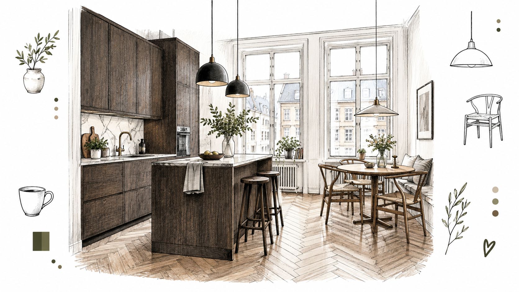 Et elegant køkken med mørke træskabe, en køkkenø, spiseplads og store vinduer i en lys lejlighed.