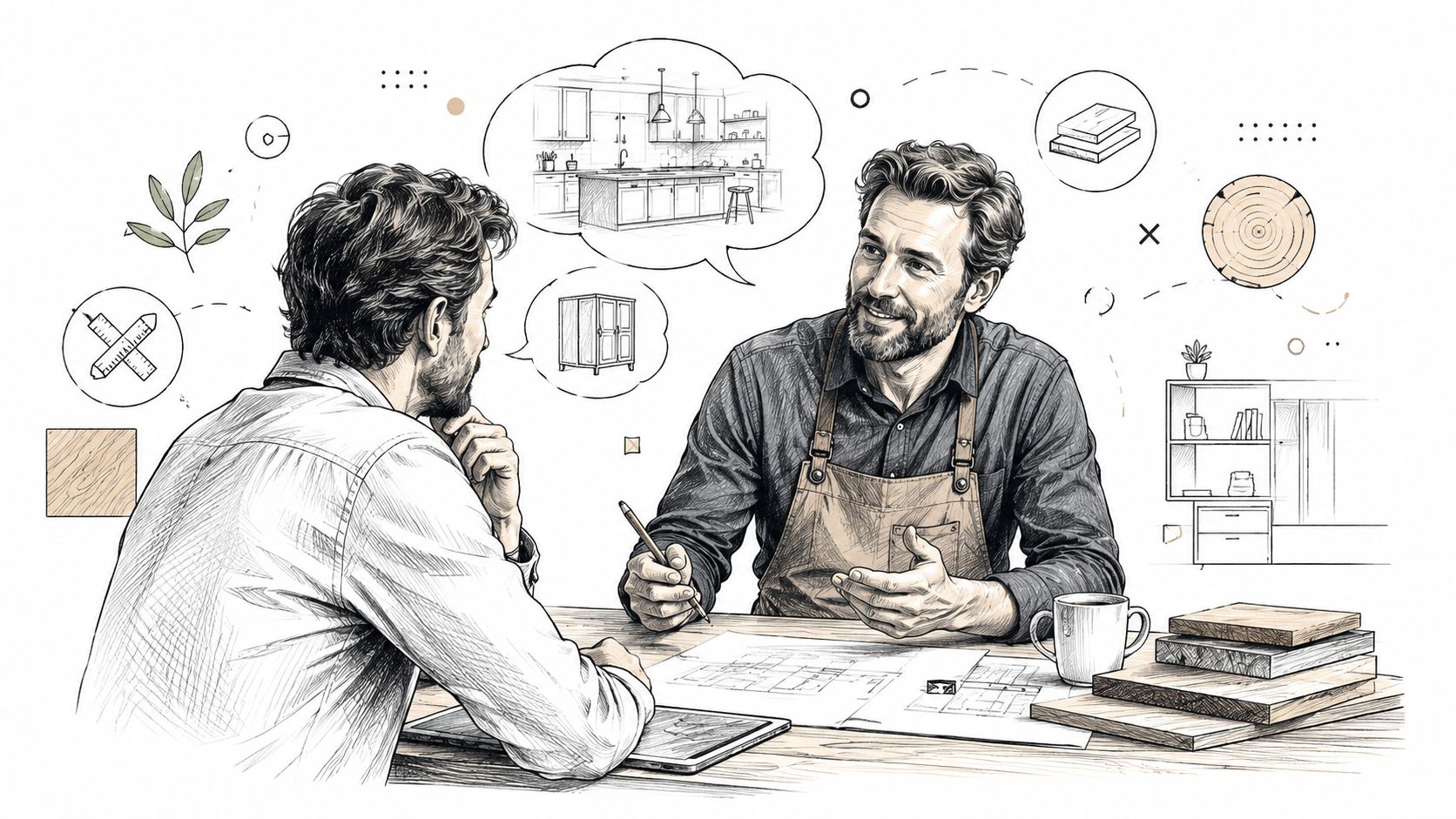 En møbelsnedker diskuterer et køkkendesign med en kunde over plantegninger og træprøver på værkstedet.