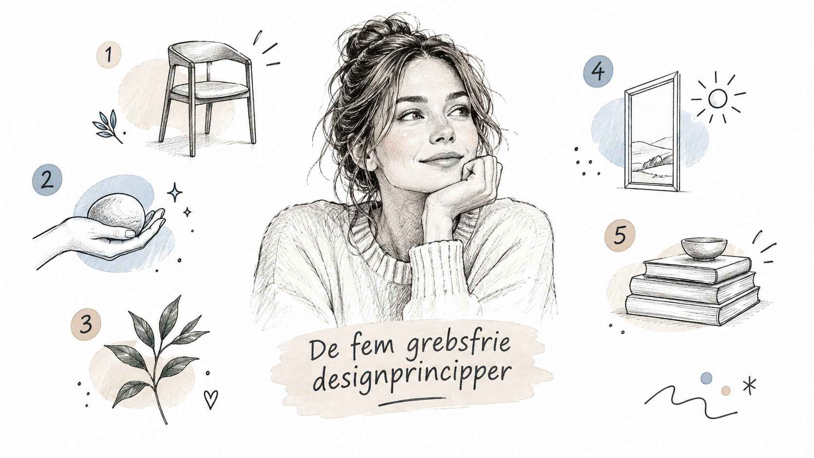 En kvinde der tænker på de fem grebsfrie designprincipper for et moderne og minimalistisk køkkeninteriør.