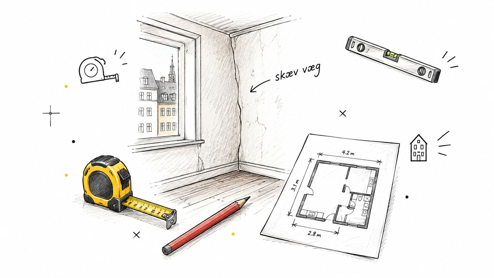 Illustration af et renoveringsprojekt med målebånd, vaterpas, en plantegning af et køkken og en skæv væg.