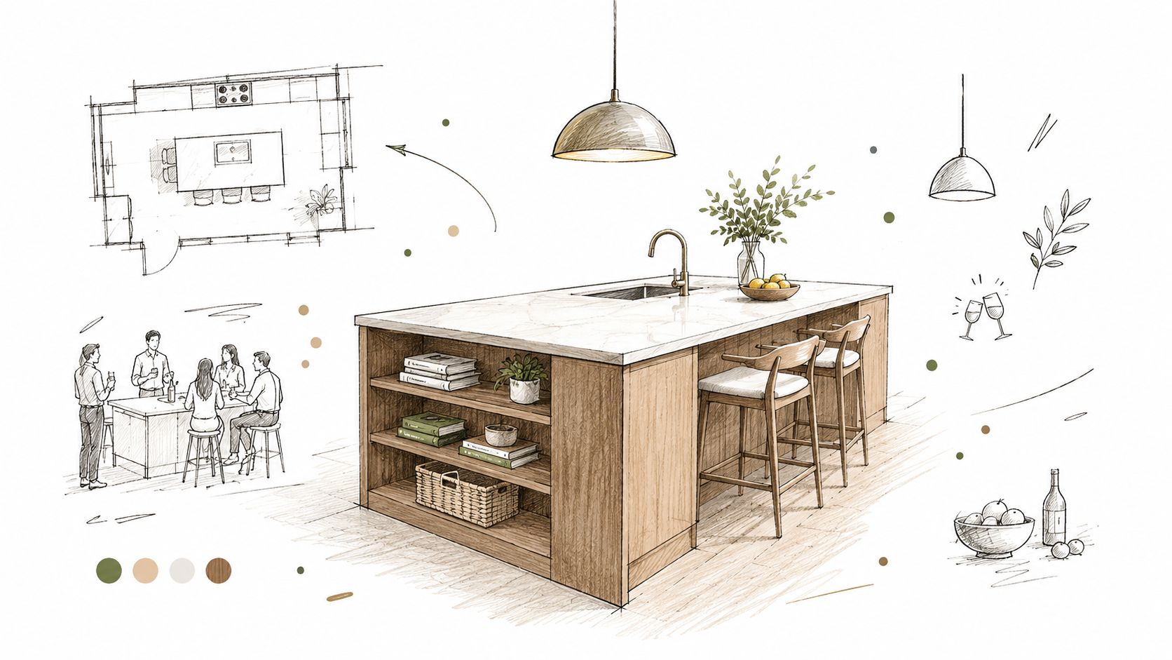 En detaljeret illustration af et moderne køkkenø-design med tegninger, skitser og indretningsforslag i et lyst lokale.