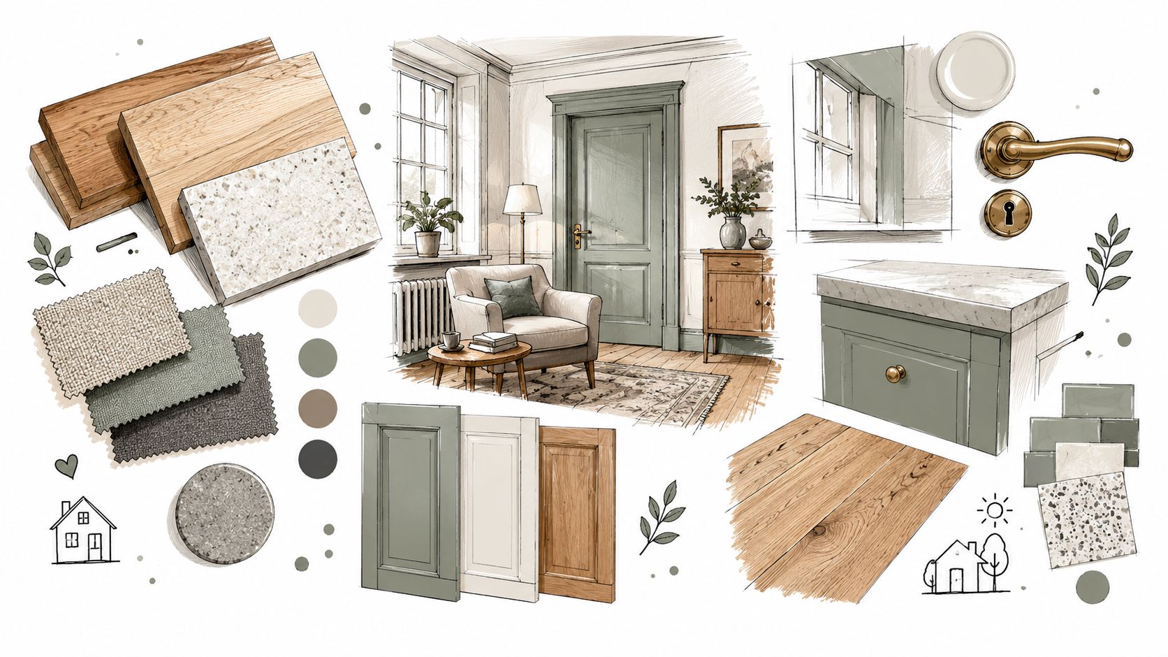 Moodboard med materialeprøver, farvepalet og tegninger af et stilfuldt interiør til inspiration til boligindretning og renovering.
