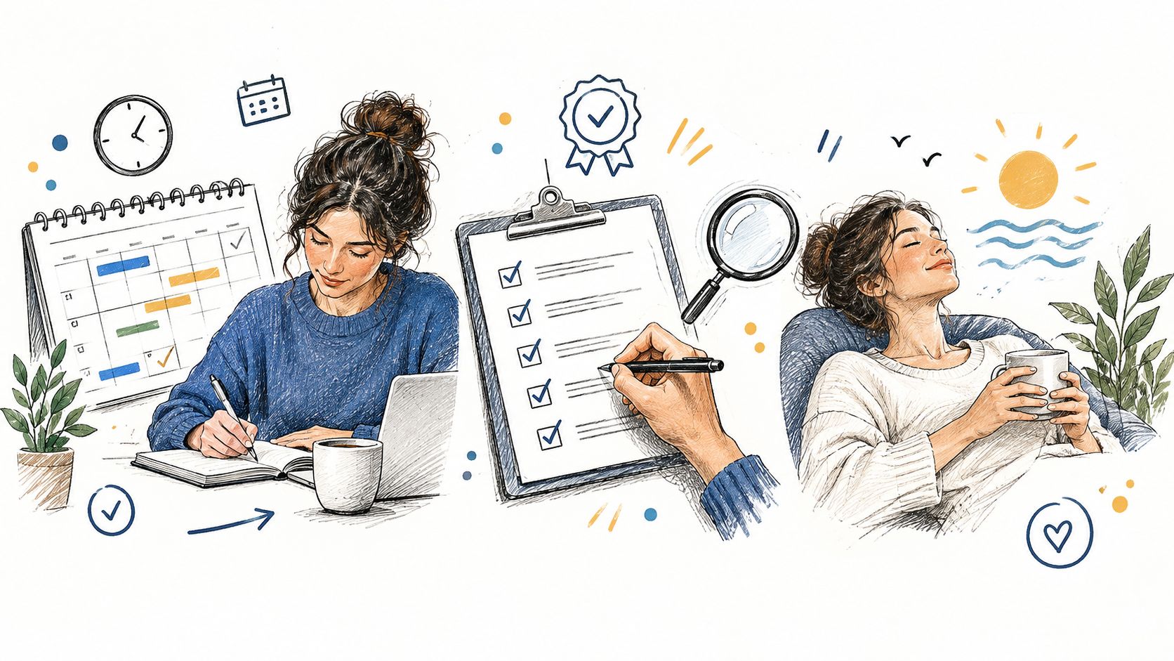 En illustration der viser en proces fra planlægning og opgaveliste til afslapning efter endt arbejde.