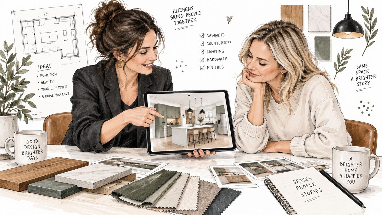 To kvinder sidder sammen ved et bord og planlægger en køkkenrenovering med materialeprøver og digitale tegninger.
