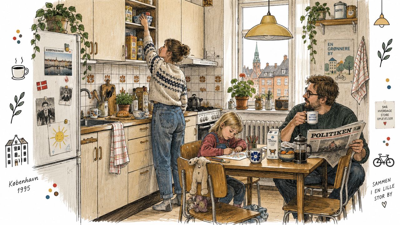 En hyggelig dansk familie i et køkken i 1995 med en mor, datter og far ved morgenbordet.
