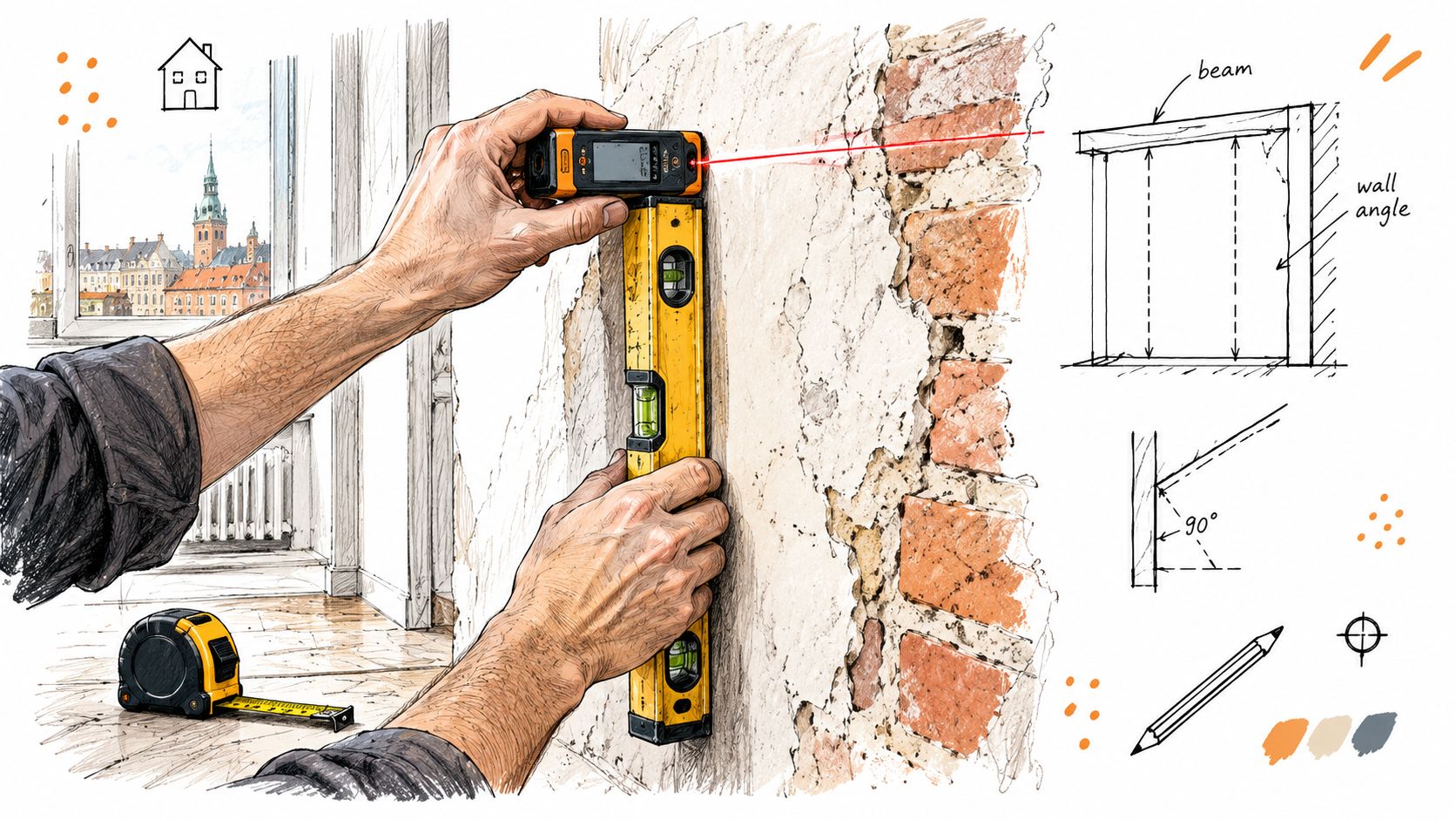 En håndværker bruger et vaterpas med laser til at opmåle en ujævn mur under en køkkenrenovering.