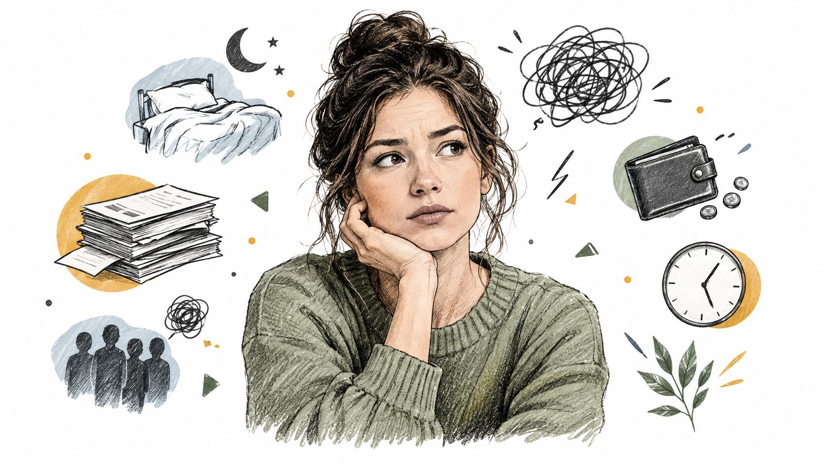 Illustration af en bekymret kvinde omgivet af symboler for søvnløshed, arbejde, økonomi og tidspres.