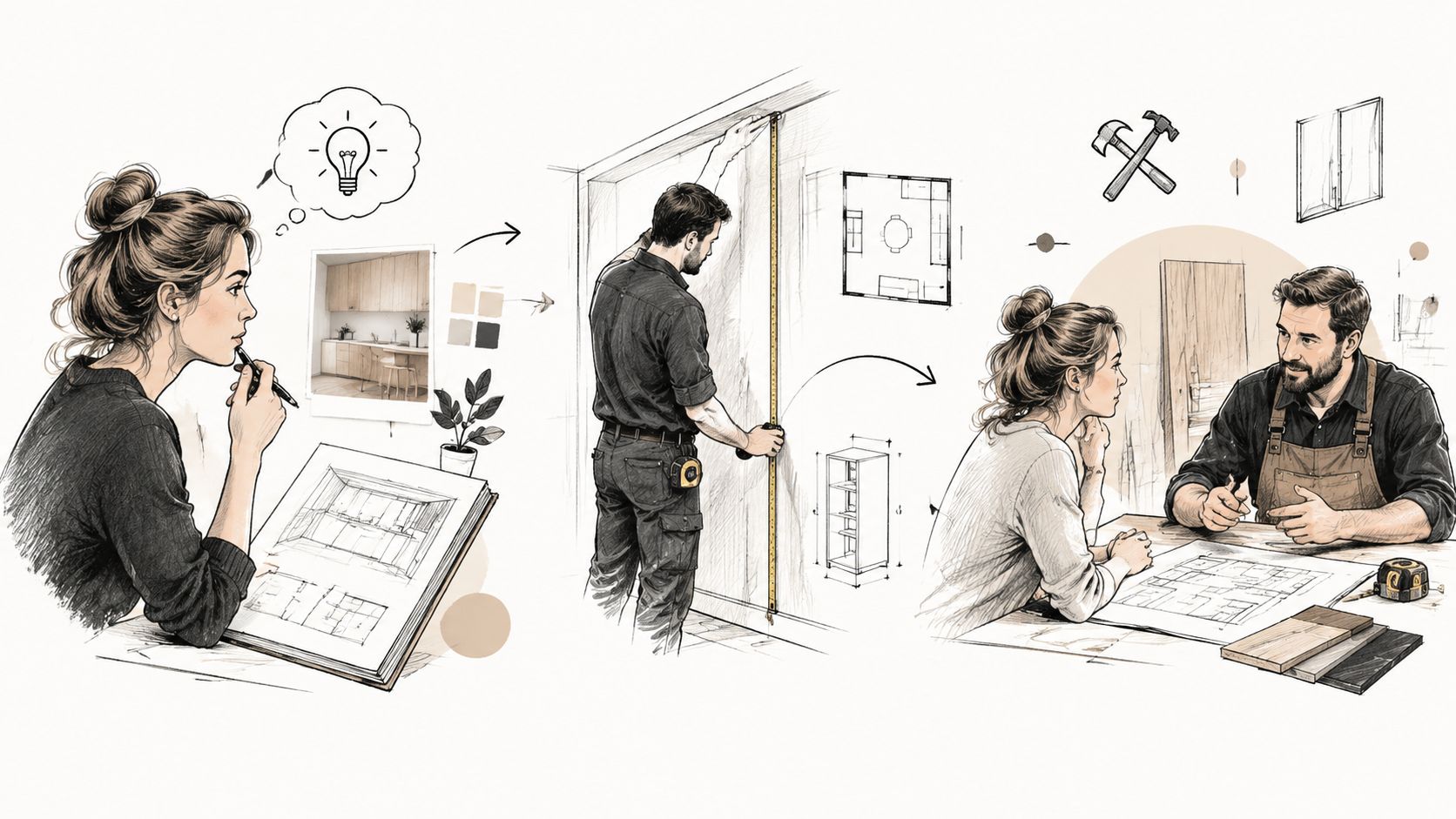 En kvinde og en håndværker planlægger en køkkenrenovering med tegninger, målebånd og prøver på et værksted.
