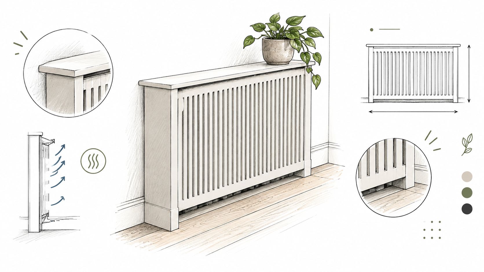 En elegant hvid radiator-skjuler placeret mod en væg med en grøn plante ovenpå til indretning af hjemmet.