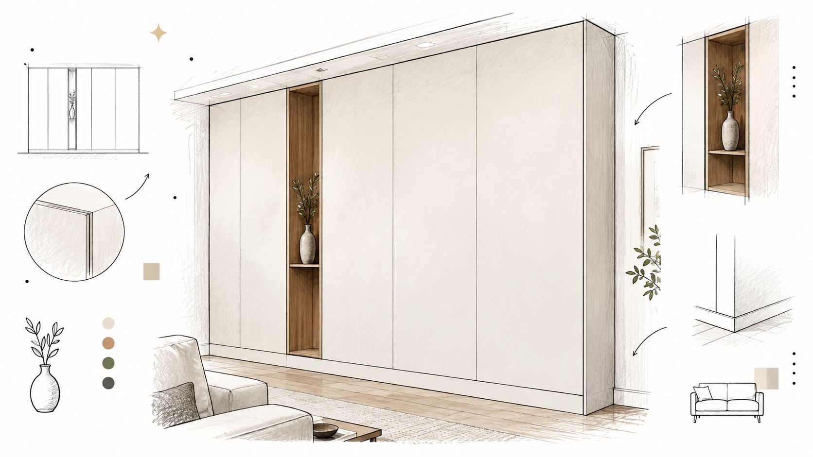 En arkitektonisk skitse af en moderne stue med en stor indbygget garderobevæg med integrerede hylder og sofa.