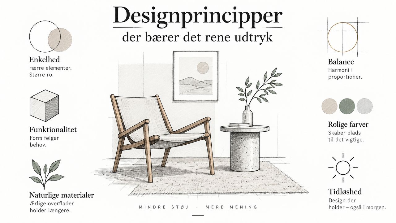 Illustration af designprincipper, der fremhæver enkelhed, funktionalitet og naturlige materialer i en minimalistisk boligindretning.