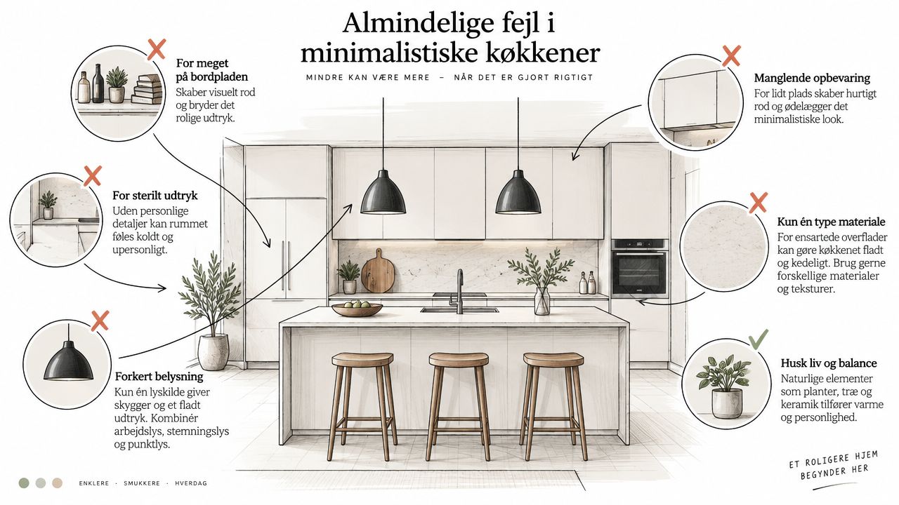En illustration der viser almindelige indretningsfejl og råd til det minimalistiske køkken med tegninger og forklarende tekst.