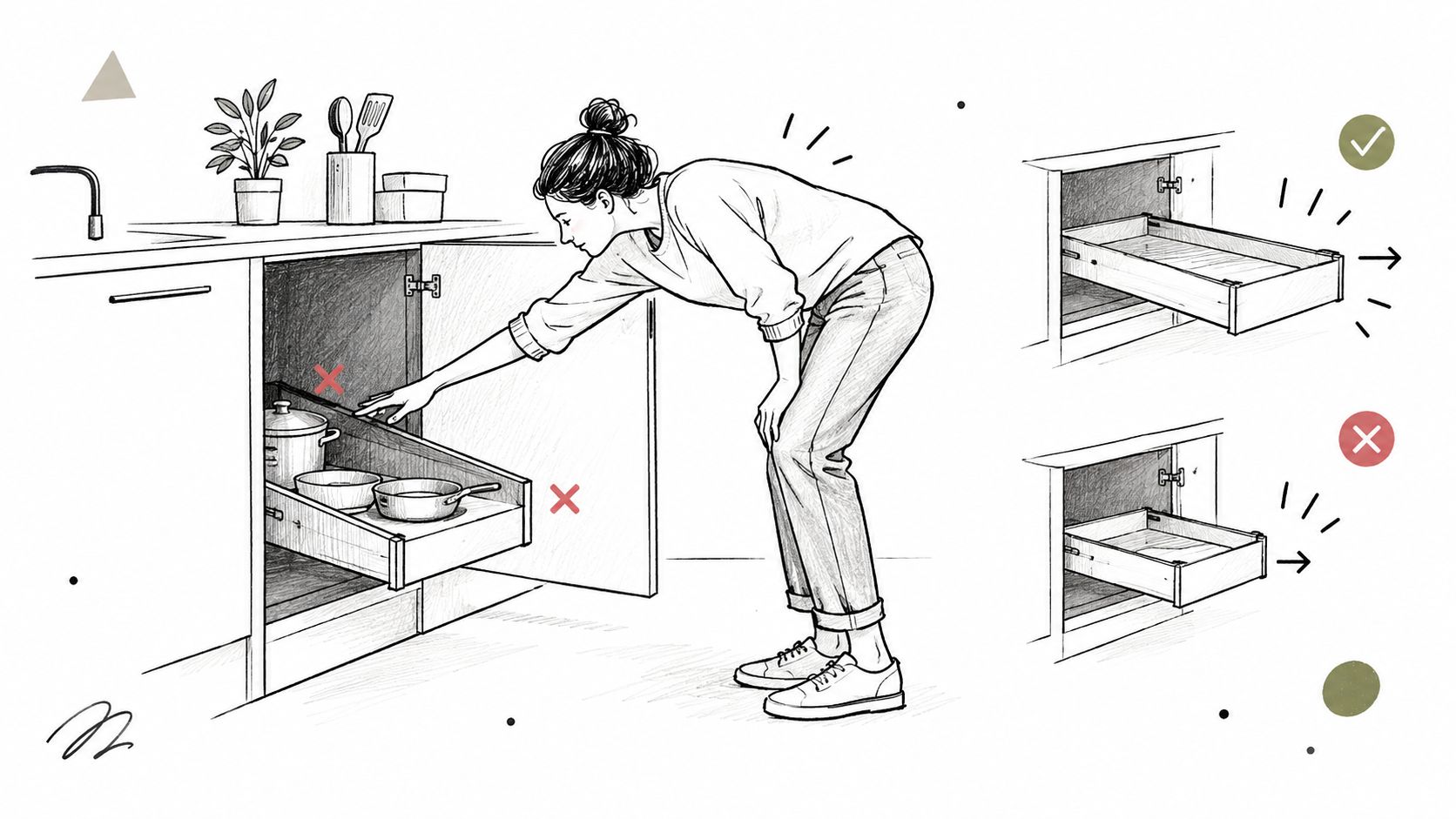 En kvinde vælger den rigtige udtræksskuffe i sit minimalistiske køkken for bedre ergonomi og daglig organisering.
