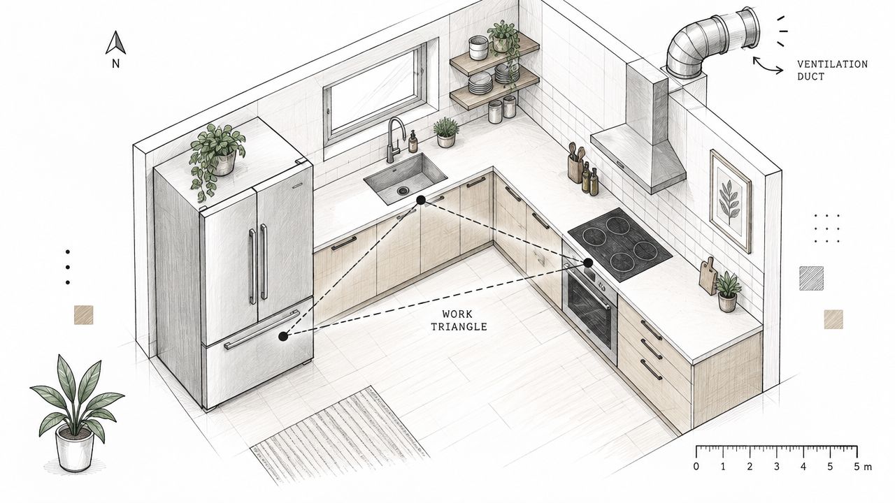 En illustration af et moderne køkken med en arbejdstrekant, der viser placering af køleskab, vask og komfur.