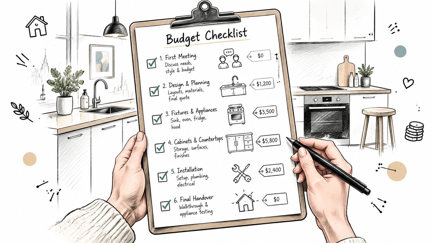 En person holder en clipboard med en tjekliste over priser for en renovering af et nyt køkken.