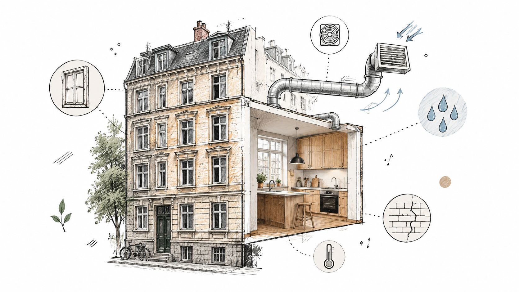 Tegning af en etageejendom med gennemskåret køkken og illustrationer af ventilation, fugt og isoleringsproblemer.