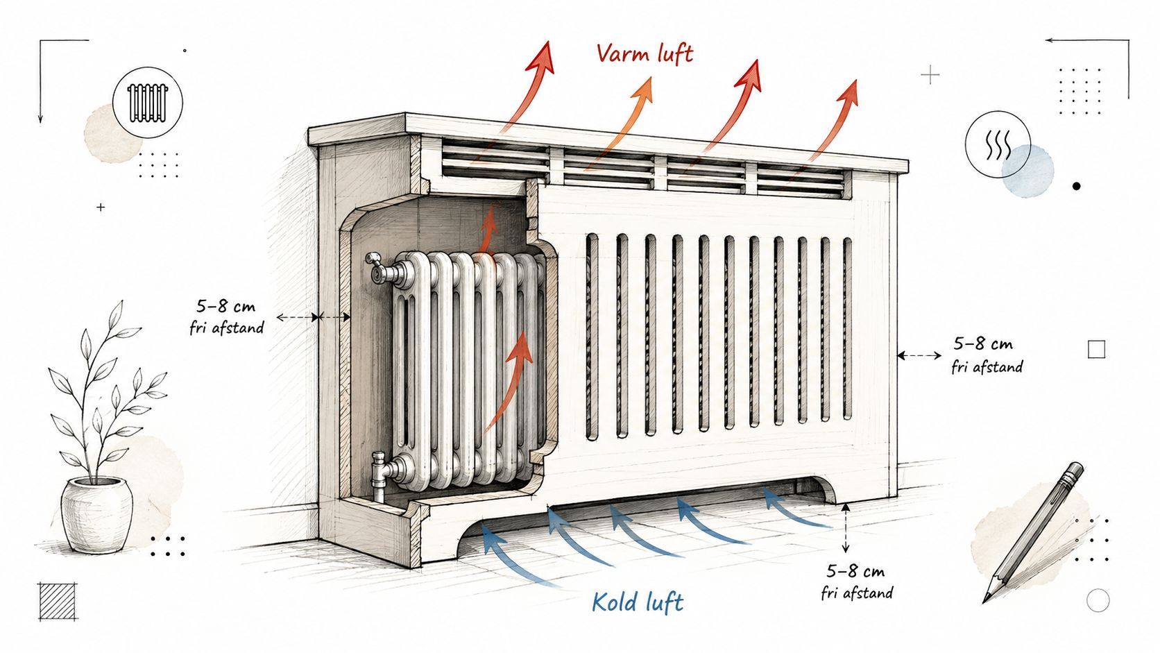 En teknisk illustration der viser korrekt montering af en radiatorskjuler med anbefalet friafstand for optimal luftcirkulation.