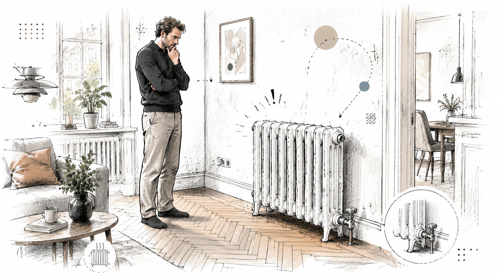 En mand betragter en gammeldags radiator i en stue, mens han overvejer løsninger til skjult design.