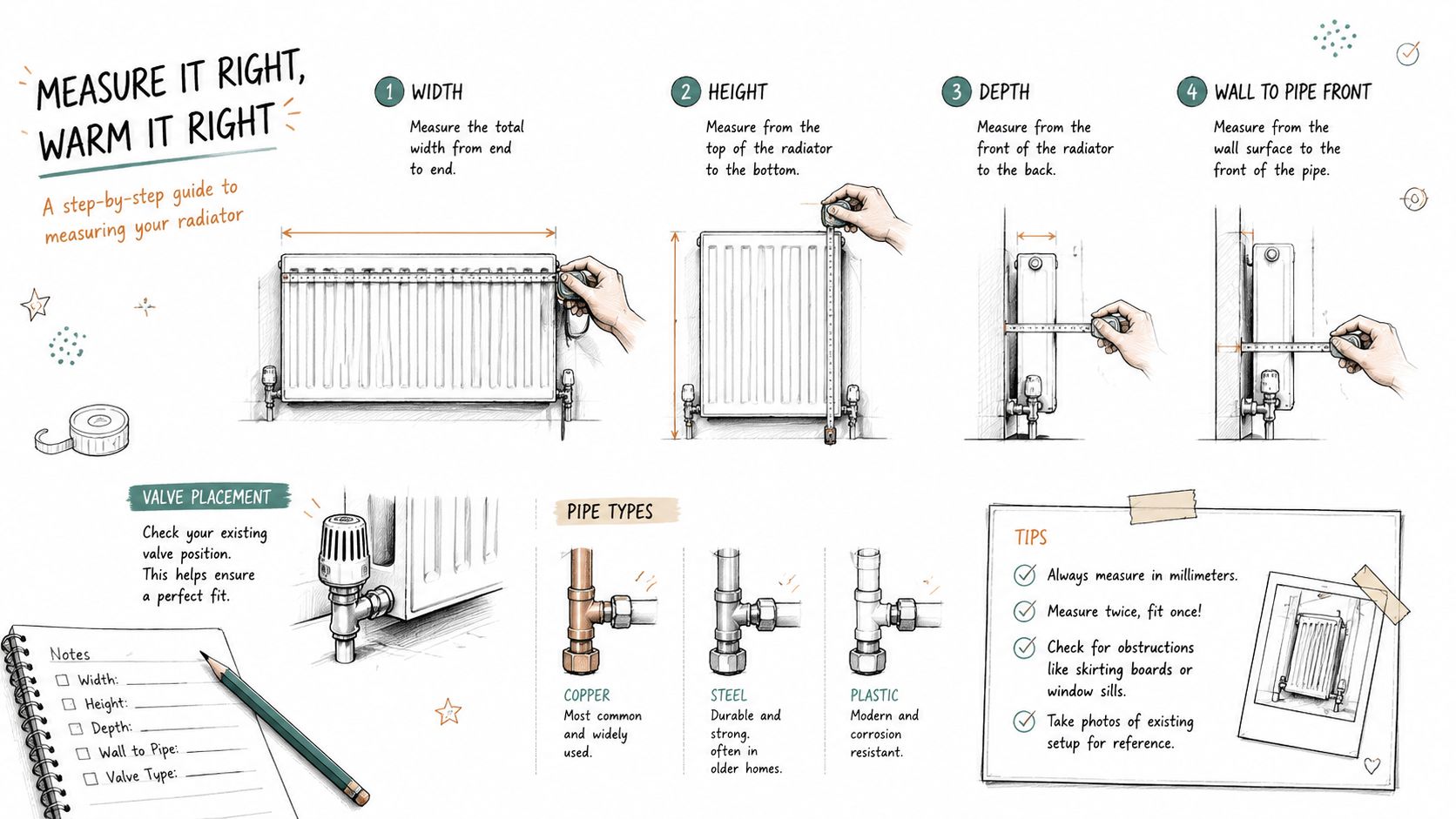En illustreret trin-for-trin guide, der viser hvordan man korrekt måler en radiator op til installation.