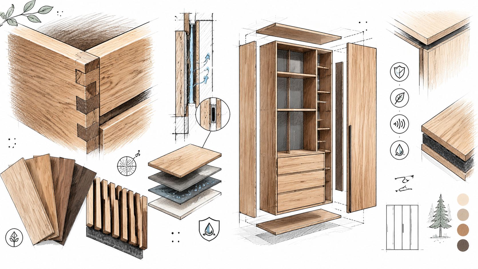 En detaljeret illustration af en moderne garderobe i egetræ med tekniske tegninger og materialeprover til boligindretning.