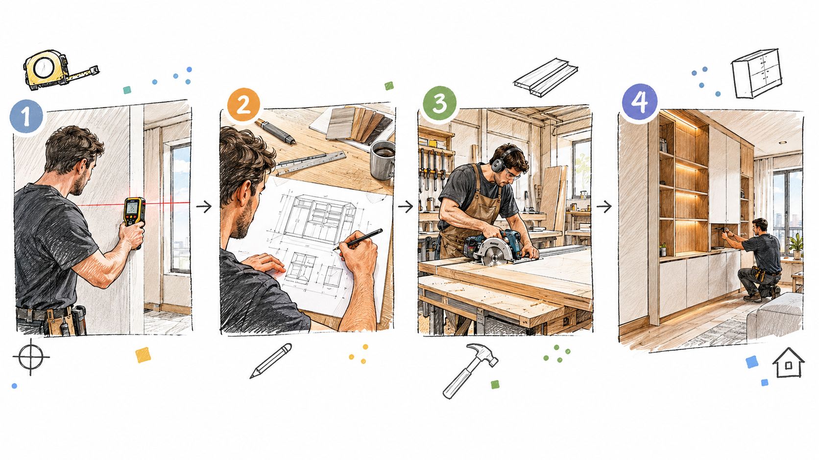 Illustration af fire trin i en renoveringsproces af møbler, fra opmåling og design til konstruktion og installation.