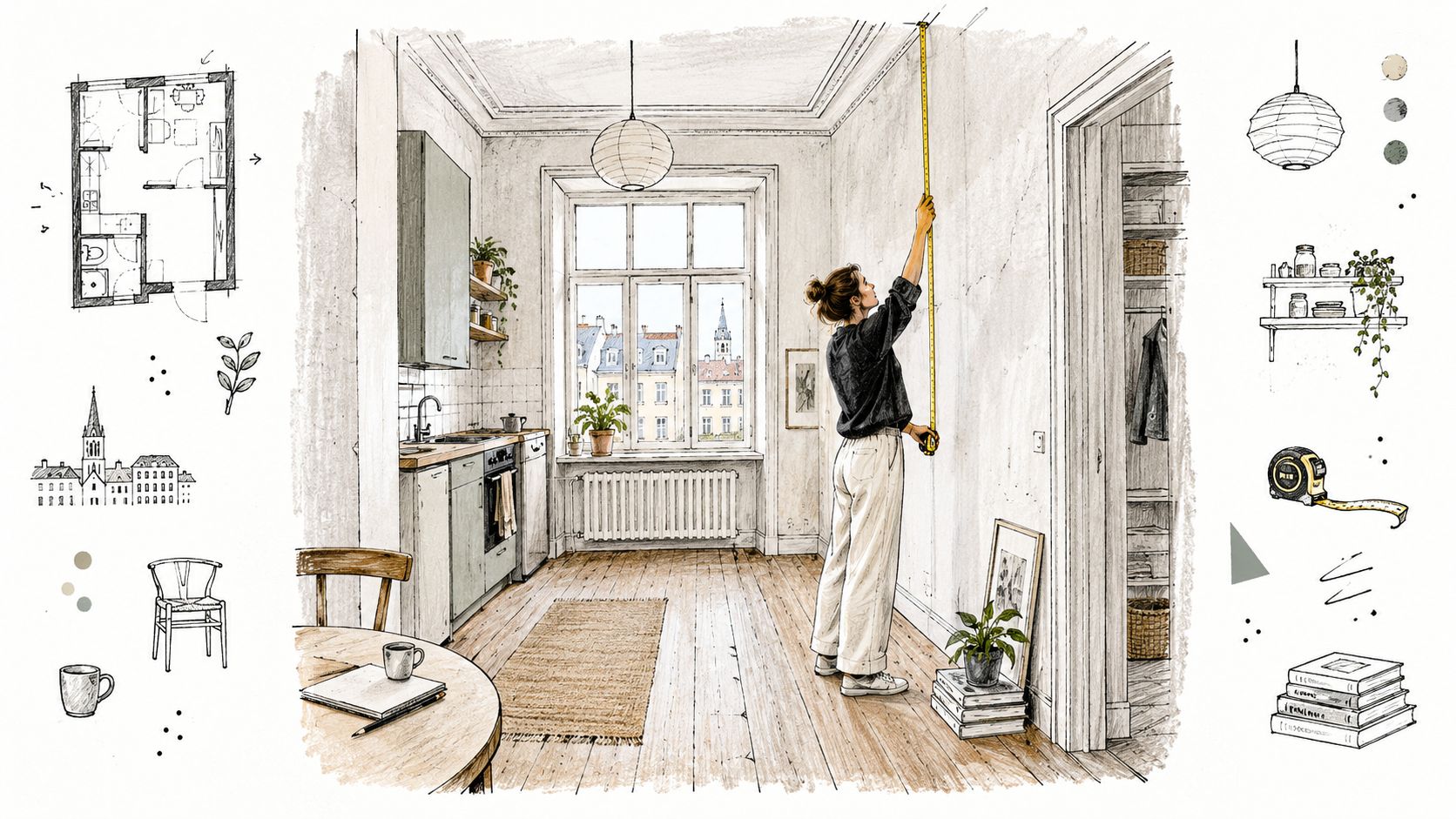 En kvinde måler højden på en væg i en lys lejlighed under en renovering i København.