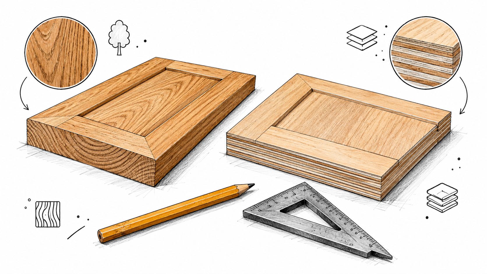 En illustration der sammenligner køkkenlåger lavet af massivt træ og krydsfiner med tegneregnskaber i forgrunden.