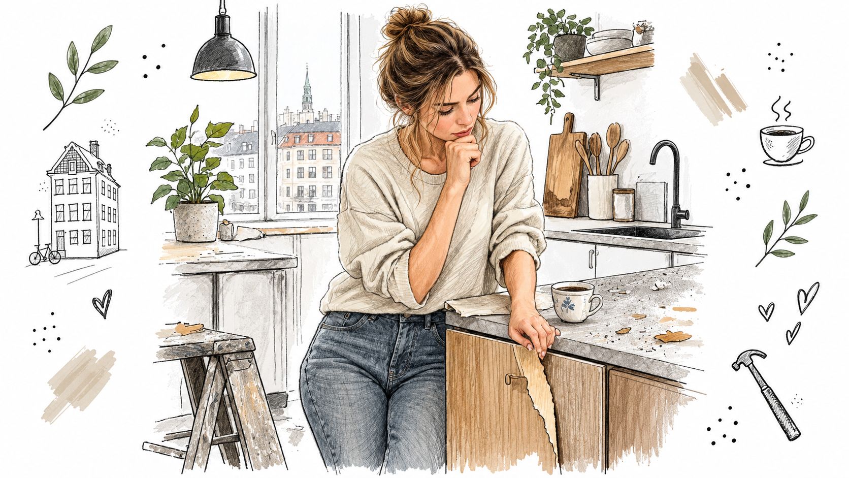 En kvinde i et køkken betragter en beskadiget køkkenlåge af massivt træ, mens hun tænker over renovering.