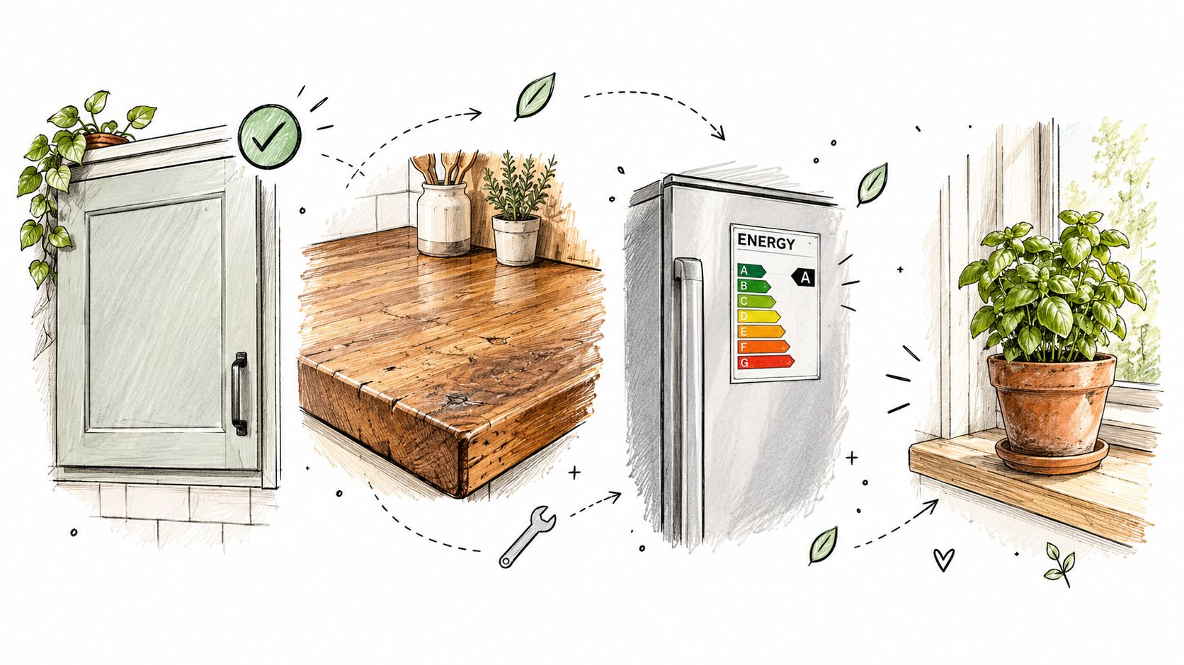Illustration af et bæredygtigt køkken med miljøvenlige valg, energimærkning, genanvendte materialer og friske krydderurter i vindueskarmen.