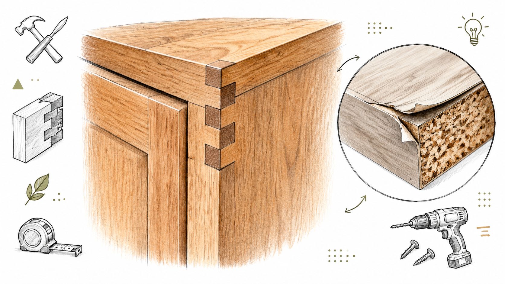 En detaljeret illustration af et køkkenelement med svalehalesamlinger og en nærbilledvisning af konstruktionsmaterialer til køkkenet.