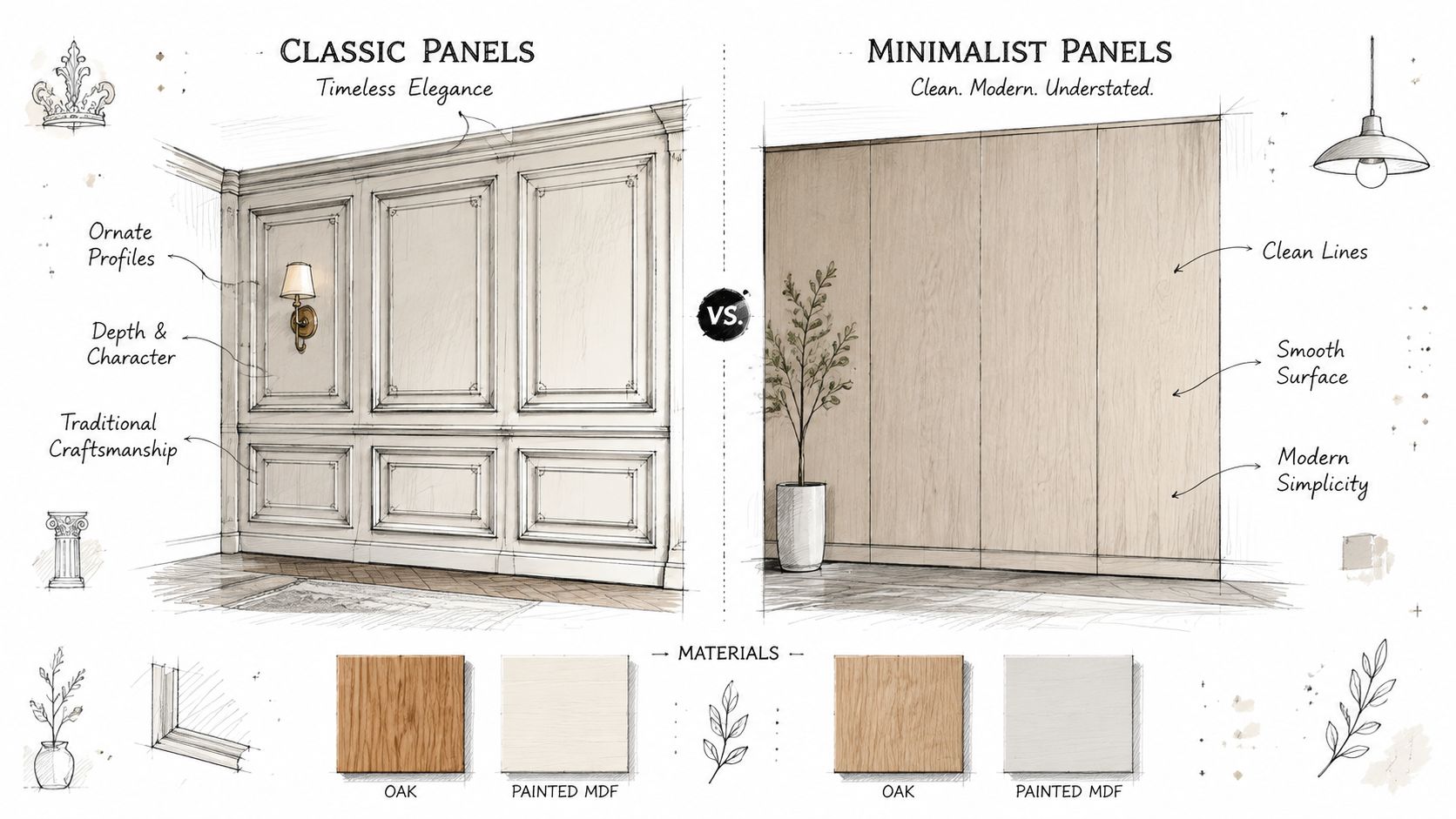 En sammenligning af klassiske vægpaneler med dekorationer og minimalistiske glatte paneler til moderne boligindretning.