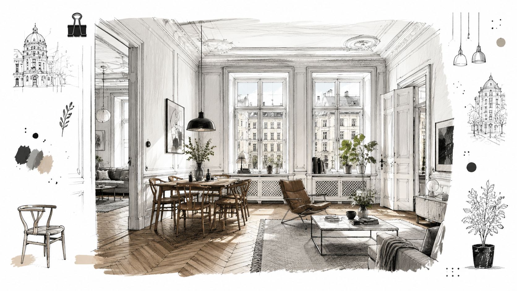 Stilfuld stue med vægpaneler, elegante træmøbler og store vinduer, der skaber et klassisk og lyst skandinavisk interiørdesign.