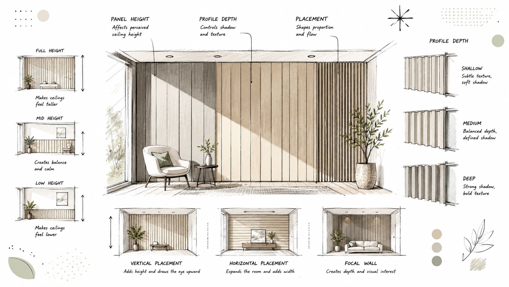 Illustration af forskellige vægpanel-design, der viser effekten af højde, dybde og placering på et rums rumfølelse.
