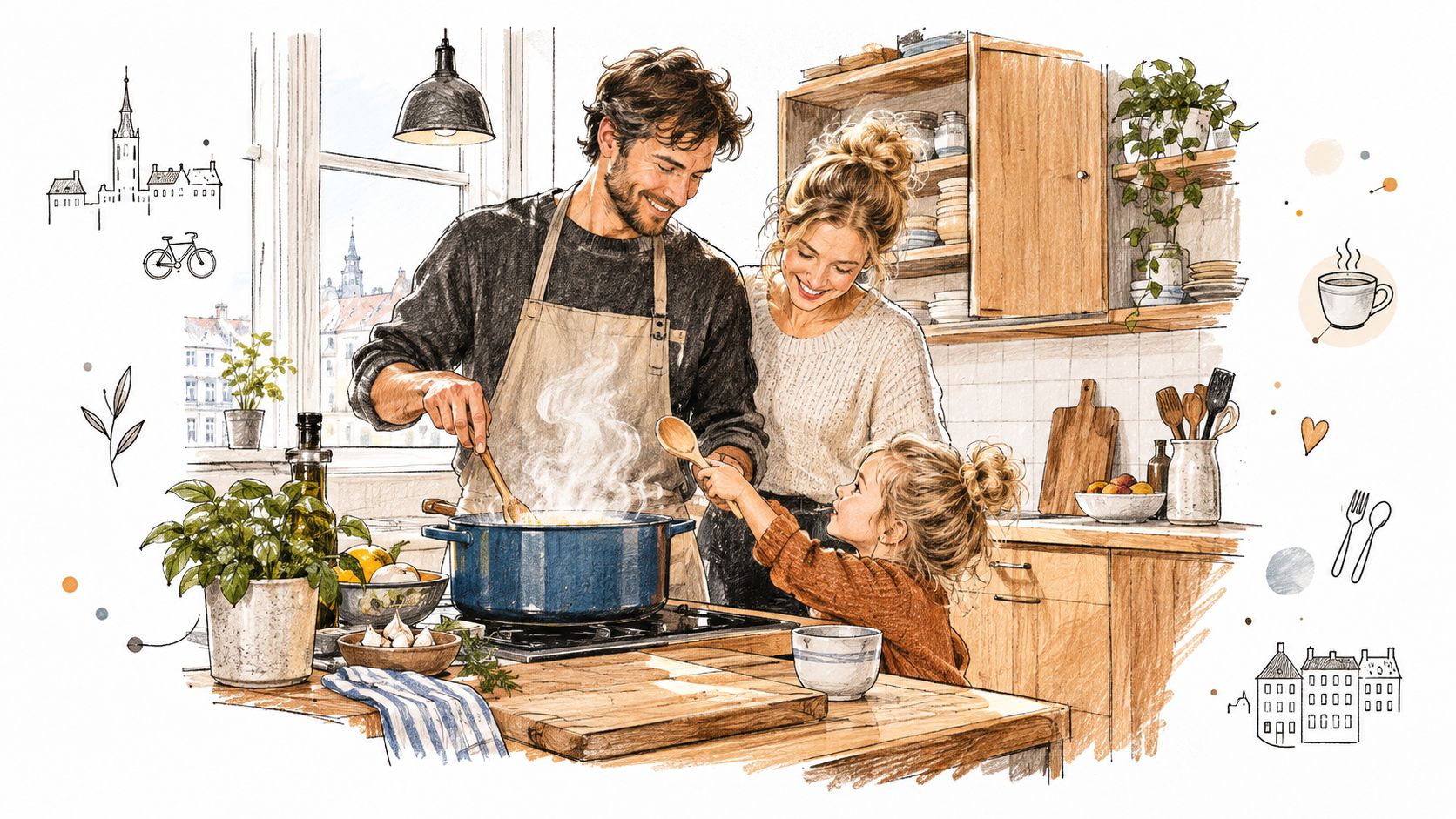En glad familie laver mad sammen i et hyggeligt træ køkken med en stor gryde på komfuret.