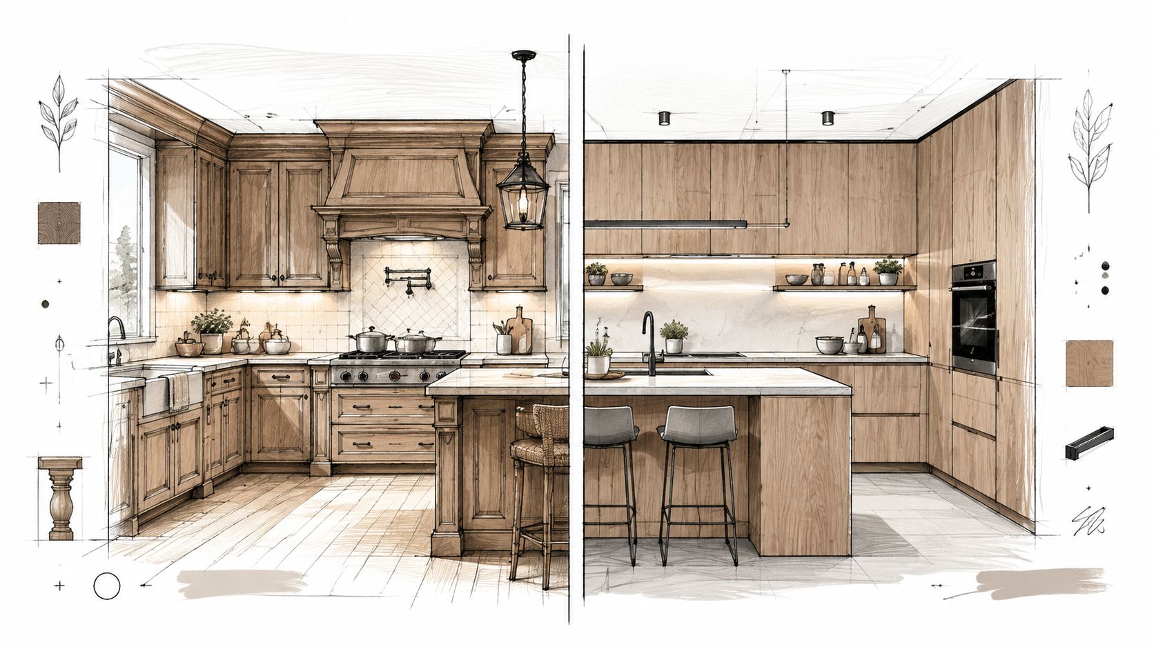 To forskellige køkkendesigns, et traditionelt med trædetaljer og et moderne minimalistisk træ køkken, side om side.