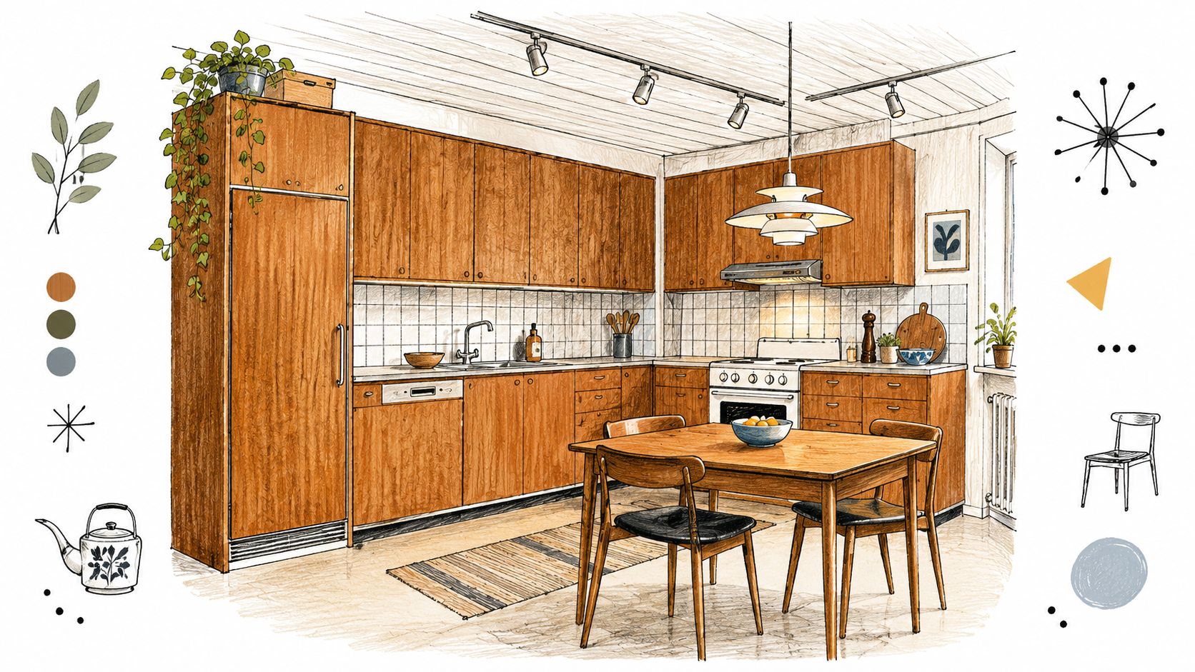 En tegning af et stilfuldt køkken fra 1960'erne med træskabe, spisebord og moderne køkkenudstyr i en varm atmosfære.